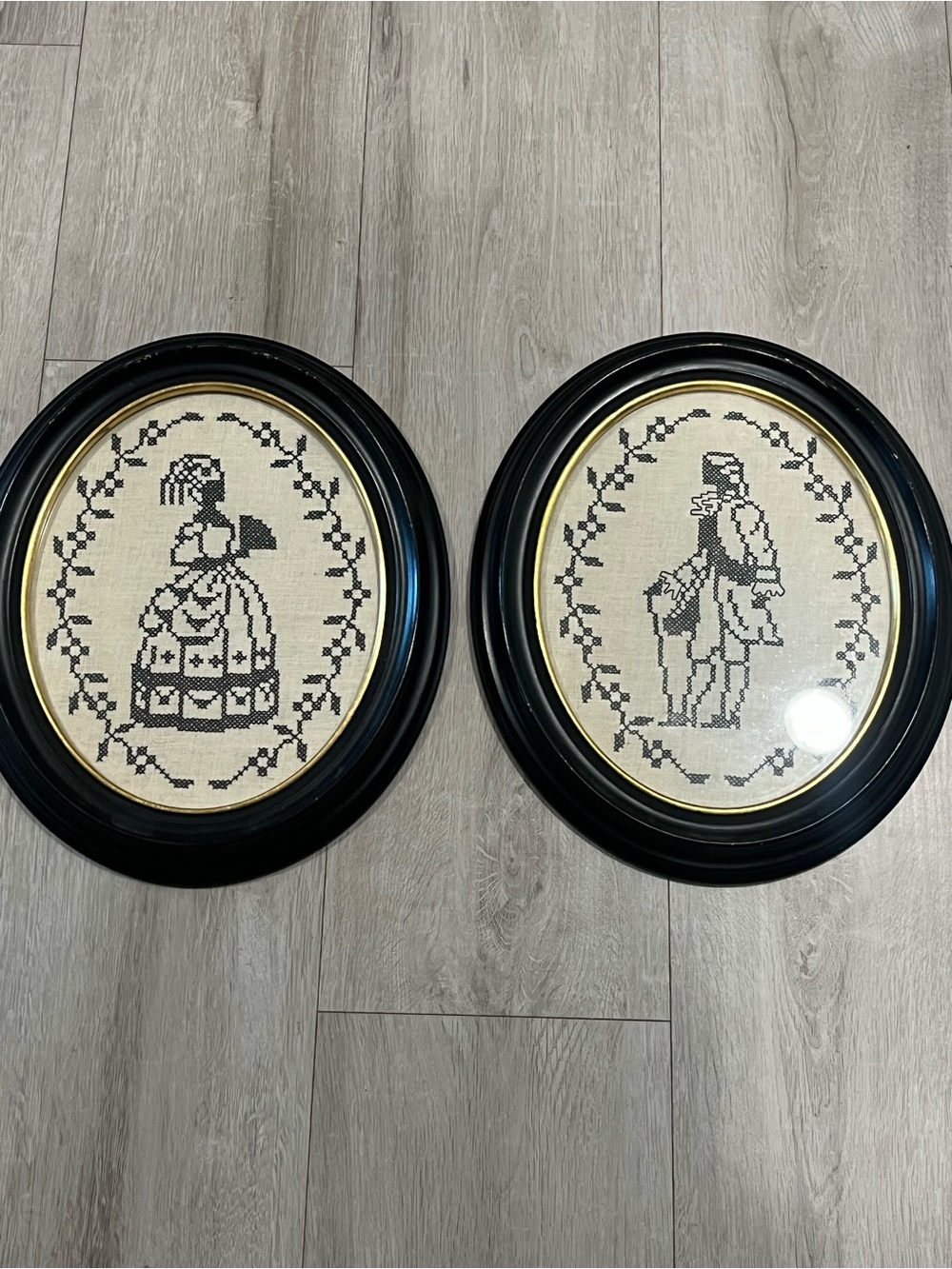 Pair of Framed Blackwork Folk Art needlepoint  Portraits - Black and Cream